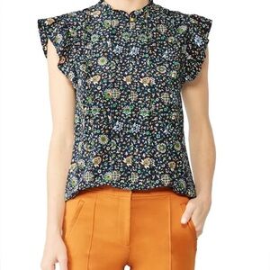 Tory Burch printed ruffle shell top soleil navy